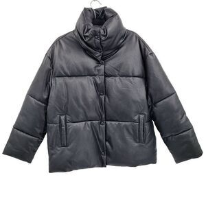 Bagatelle Faux Leather Puffer Coat M Black Vegan Oversized Quilted Snap Collar